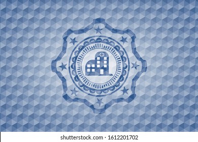 hospital icon inside blue badge with geometric background.