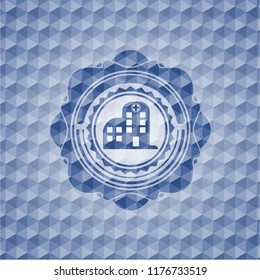 hospital icon inside blue emblem with geometric pattern background.