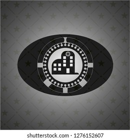 hospital icon inside dark emblem. Retro