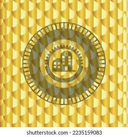 hospital icon inside gold shiny emblem. Scales pattern. Vector Illustration. Detailed. 
