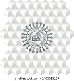 hospital icon inside grey badge with geometric cube white background