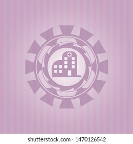hospital icon inside pink emblem. Vintage.