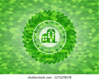 hospital icon inside realistic green emblem. Mosaic background