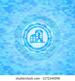 hospital icon inside realistic light blue emblem. Mosaic background