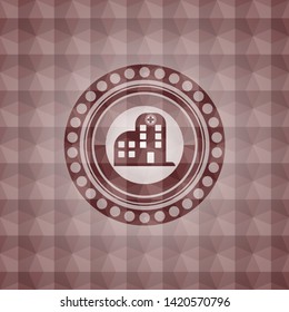 hospital icon inside red emblem with geometric pattern background. Seamless.