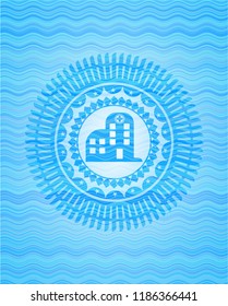 hospital icon inside water wave representation badge background.