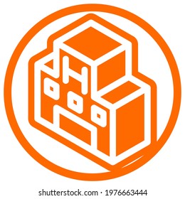 Hospital icon in isometric flat design with orange color and outline on a line circle background.
