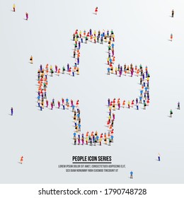 Hospital Icon Or Medical Concept. Large Group Of People Form To Create Shape Hospital Cross. Vector Illustration.