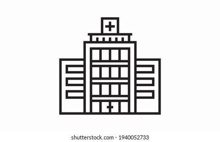 Icono del hospital. Ilustración vectorial lineal en instalaciones médicas.