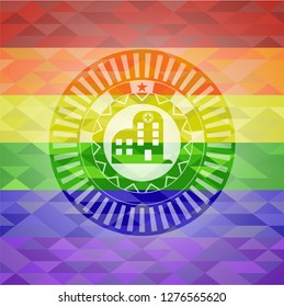 hospital icon on mosaic background with the colors of the LGBT flag