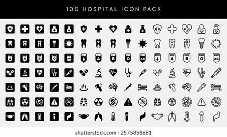 Hospital icon pack with 100 icons. Medical symbols, healthcare tools, hospital icons. Includes cross, heart, syringe, tooth, lungs, and more. Perfect for medical designs. User interface icon vectors.