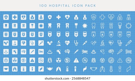 Hospital icon pack with 100 medical icons. Includes stethoscope, syringe, heart, and cross symbols. Perfect for hospital, medical, and healthcare designs. User interface icon vector set.