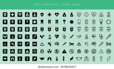 Hospital icon pack with 100 medical icons. Includes symbols for healthcare, hospital, and medical tools. Perfect for hospital and medical design projects. User interface icon vector set.