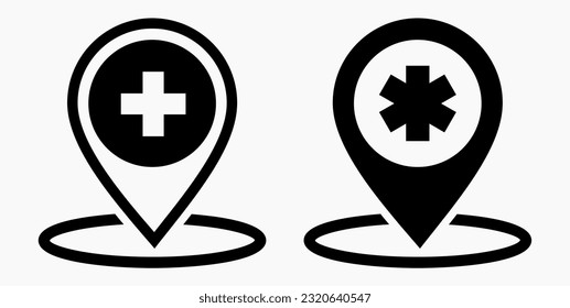 Hospital icon. Pharmacy location. Location of the medical facility. Vector icon.