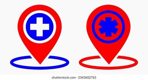 Hospital icon. Pharmacy location. Location of the medical facility. Vector icon.