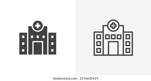 Hospital icon set in black flat solid and outlined style.