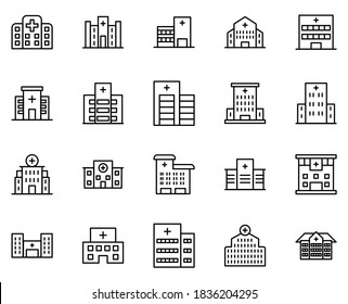 Conjunto de iconos del hospital. Colección de iconos de línea delgada. 20 logotipo de esquema de alta calidad sobre fondo blanco. Paquete de símbolos para sitio web de diseño, aplicación móvil, material impreso, etc.