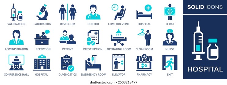 Hospital icon set. Collection of vaccination, doctor, laboratory and more. Vector illustration. Easily changes to any color.