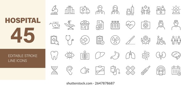 Hospital icon set. Containing medical, medicine, healthcare, doctor, ambulance, treatment, nurse, pills, clinic, pharmacy and more. Editable stroke. Vector illustration.