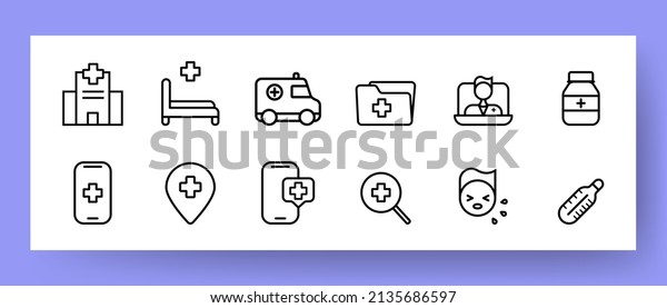 Hospital icon set. Doctor,\
ambulance, temperature and pills. Health care concept. Vector EPS\
10.