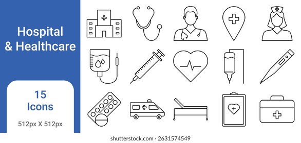Conjunto de iconos de hospitales con médicos, enfermeras, equipos médicos, urgencias, tratamientos y símbolos de atención médica. Ideal para App, Sitios web, infografías y servicios de salud.
