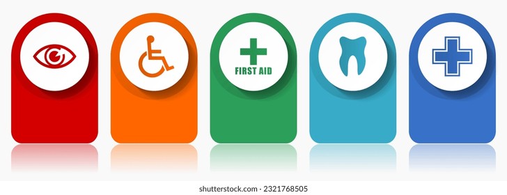 Conjunto de iconos del hospital, diseño plano, varios íconos coloridos como ojo, silla de ruedas, primeros auxilios, dentista y cruz para diseño web y aplicaciones móviles, plantilla de vector infográfico en eps 10