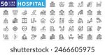 Hospital icon set with health care, institution, patient, science, medical equipment, general and emergency department.