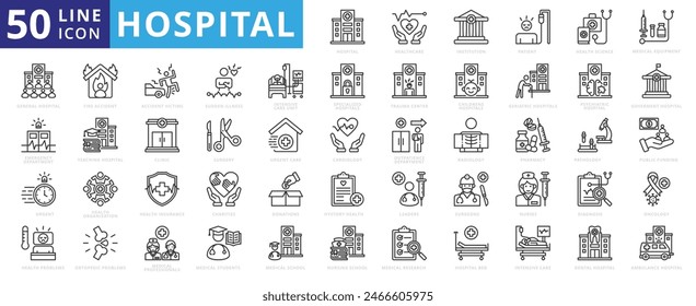 Krankenhaus-Icon-Set mit Gesundheitswesen, Einrichtung, Patient, Wissenschaft, medizinische Ausrüstung, Allgemein- und Notaufnahme.