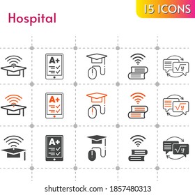 hospital icon set. included ereader, cap, homework, elearning, book icons on white background. linear, bicolor, filled styles.