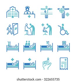 Hospital icon set. Included the icons as medical, health care, patient, treatment, remedy, physical therapy and more.