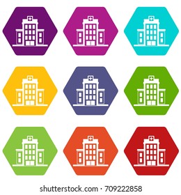 Hospital icon set many color hexahedron isolated on white vector illustration