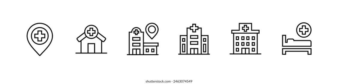 conjunto de iconos de hospital médico edificios de hospital arquitectura Vector cuidado de la salud negocio línea de construcción ilustración