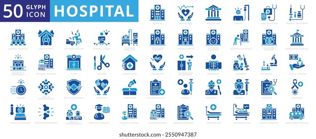 Krankenhaussymbolsatz mit medizinischer, psychiatrischer, Ausrüstung, Wissenschaft, Allgemein, Klinik, Schule, Kindern, Gesundheit, Student, Apotheke, Zahn, Bett, Diagnose, Chirurgie, Patient, Kardiologie und Radiologie