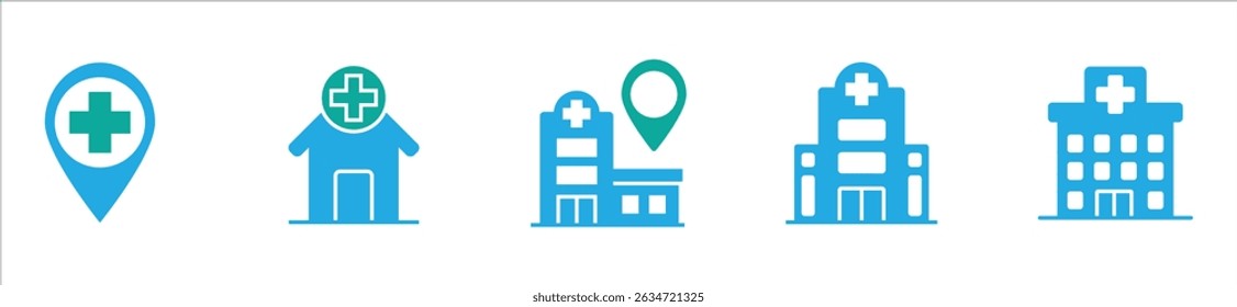 Ícone do hospital com equipamento médico, psiquiátrico, ciência, geral, clínica, escola, crianças, saúde, estudante, farmácia, odontologia, cama, diagnóstico, cirurgia, paciente, cardiologia e radiologia 