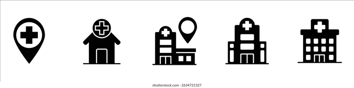 Hospital icon set with medical, psychiatric, equipment, science, general, clinic, school, children, health, student, pharmacy, dental, bed, diagnosis, surgery, patient, cardiology, and radiology 