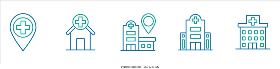 Ícone do hospital com equipamento médico, psiquiátrico, ciência, geral, clínica, escola, crianças, saúde, estudante, farmácia, odontologia, cama, diagnóstico, cirurgia, paciente, cardiologia e radiologia 