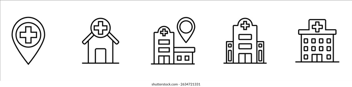 Ícone do hospital com equipamento médico, psiquiátrico, ciência, geral, clínica, escola, crianças, saúde, estudante, farmácia, odontologia, cama, diagnóstico, cirurgia, paciente, cardiologia e radiologia 