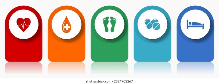 Conjunto de iconos del hospital, iconos vectoriales variados como pulso cardíaco, donación de sangre, huella, fármacos y cama, plantilla de infografía de diseño moderno, botones web en 5 opciones de color