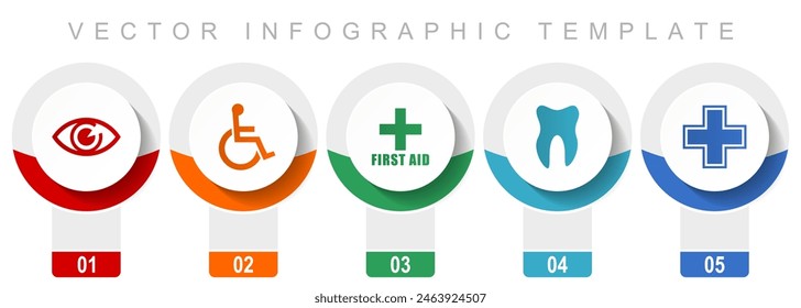 Hospital icon set, miscellaneous vector icons such as eye, wheelchair, first aid, dentist and cross, modern design infographic template, web buttons in 5 color options