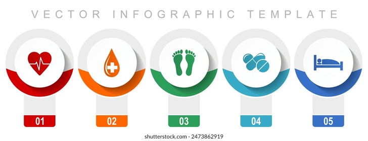 Conjunto de iconos de hospital, varios iconos vectoriales como pulso del corazón, donación de sangre, huella, drogas y cama, Plantilla infográfica de diseño moderno, Botones de Web en 5 opciones de color