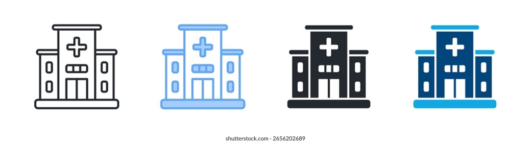 Conjunto de iconos de hospital estilo múltiple. Diseñado en el contorno, azul, glifo, tono dual