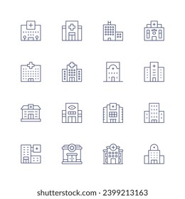 Hospital icon set. Thin line icon. Editable stroke. Containing hospital, clinic, animal clinic, condo.