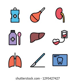 hospital icon set. vector set about kidney, blood transfusion, medicine and edema icons set.