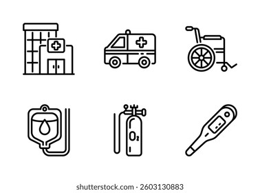 Hospital icon set, vector, in line style, for medical, health, health care, wellness, etc