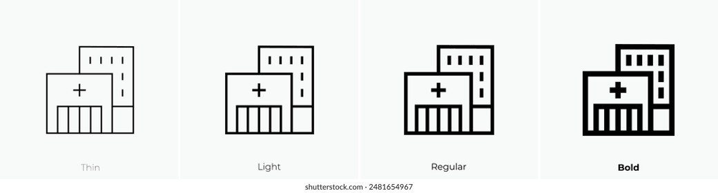 icono del hospital. Diseño de estilo fino, ligero, regular y audaz aislado sobre fondo blanco