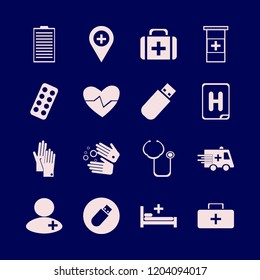 hospital icon. hospital vector icons set gloves, pills bottle, doctor and ambulance car