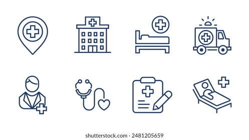 conjunto de Vector de iconos de hospital clínica médica línea de Elementos de médicos muestra colección para Web y App