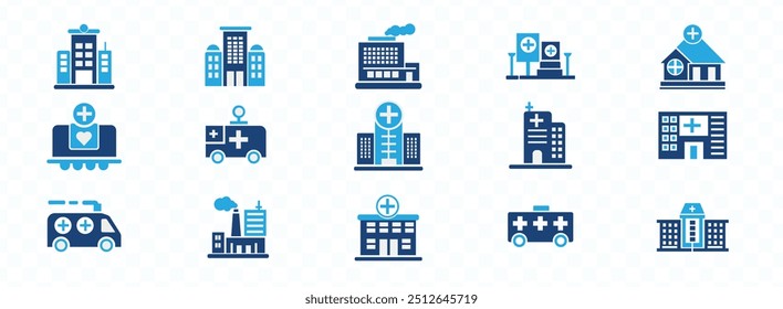 hospital icon vector set medical clinic medic elements signs. ambulance, doctor, stethoscope, patient, prescription, help aid cross symbol design