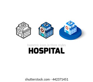 Hospital icon, vector symbol in flat, outline and isometric style