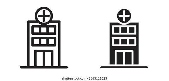 Hospital icons in black line and filled versions